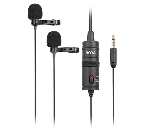 BOYA BY-M1DM dual lavalier microphone with two omnidirectional mics, 13′ cable, and included accessories (windscreens, clips, pouch)